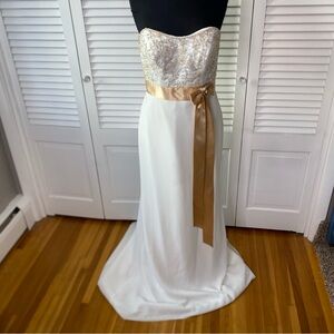 Elegant Strapless Ivory Gown with Gold Accents | Size 12
